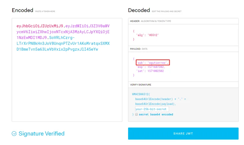 Información del token generado