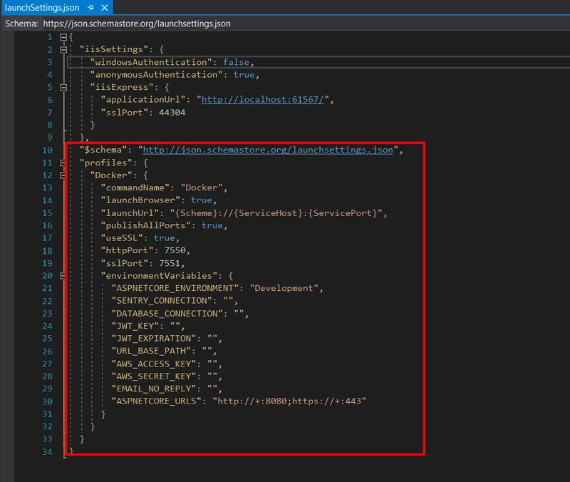Nueva configuración en launchSettings.json