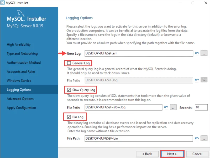 Opción MySQL Logging en Windows